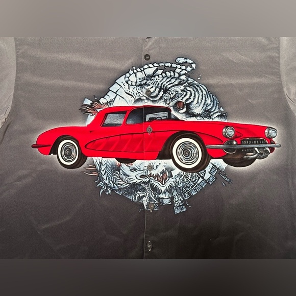 Vintage Y2K Hot Rod, Flames, & Tiger Short Sleeve Button Up Men’s 2XL Streetwear - Picture 3 of 7
